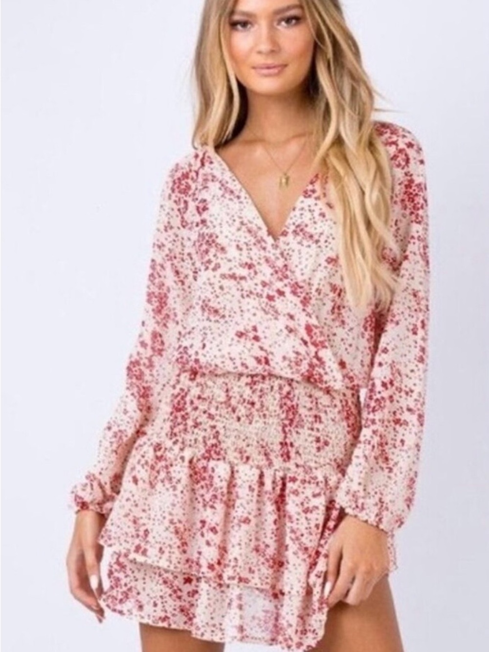Cream and Red Floral Wrap Long-Sleeve Tiered Mini Dress Princess Polly size 6